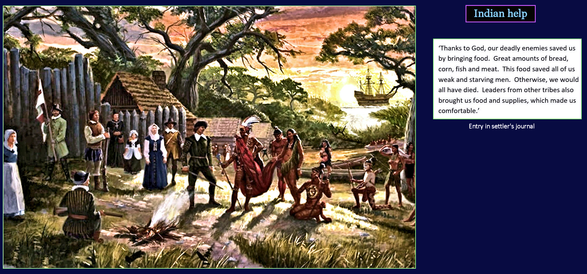 Jamestown Indians help colonists, 1610